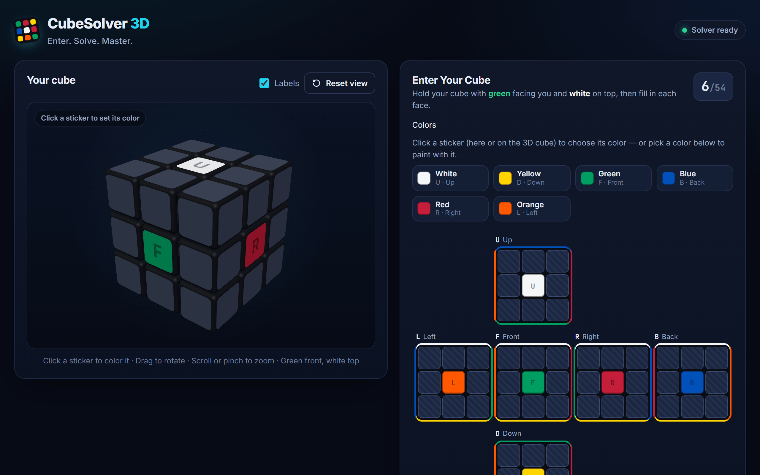 The input view: a 3D preview of an empty cube on the left, and on the right six sticker grids laid out as an unfolded cube with a color palette and a 6 of 54 counter.